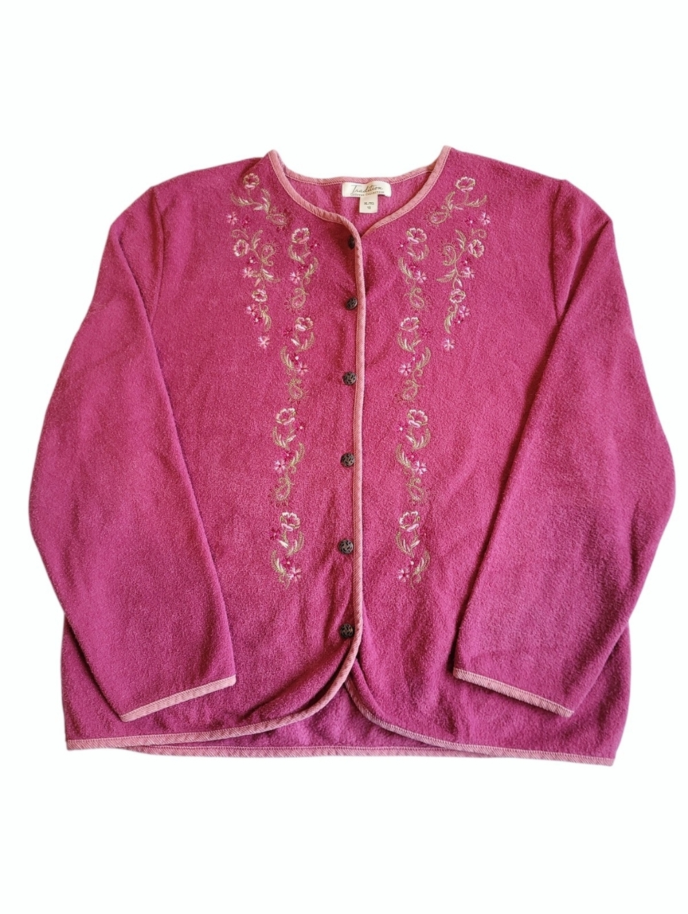 Vintage Terry Fabric Floral Embroidred Cardigan Magenta Size 14 Cottagecore